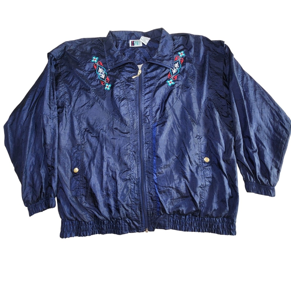 BOLD SPIRIT Vintage 90's Windbreaker Womens XL Navy Blue Floral Embroidered